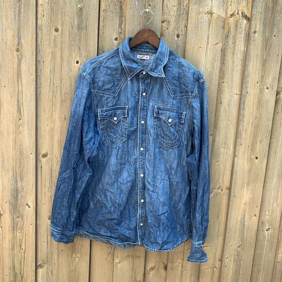 Vintage True Religion Jeans Denim Shirt Jacket XXL - Picture 2 of 4